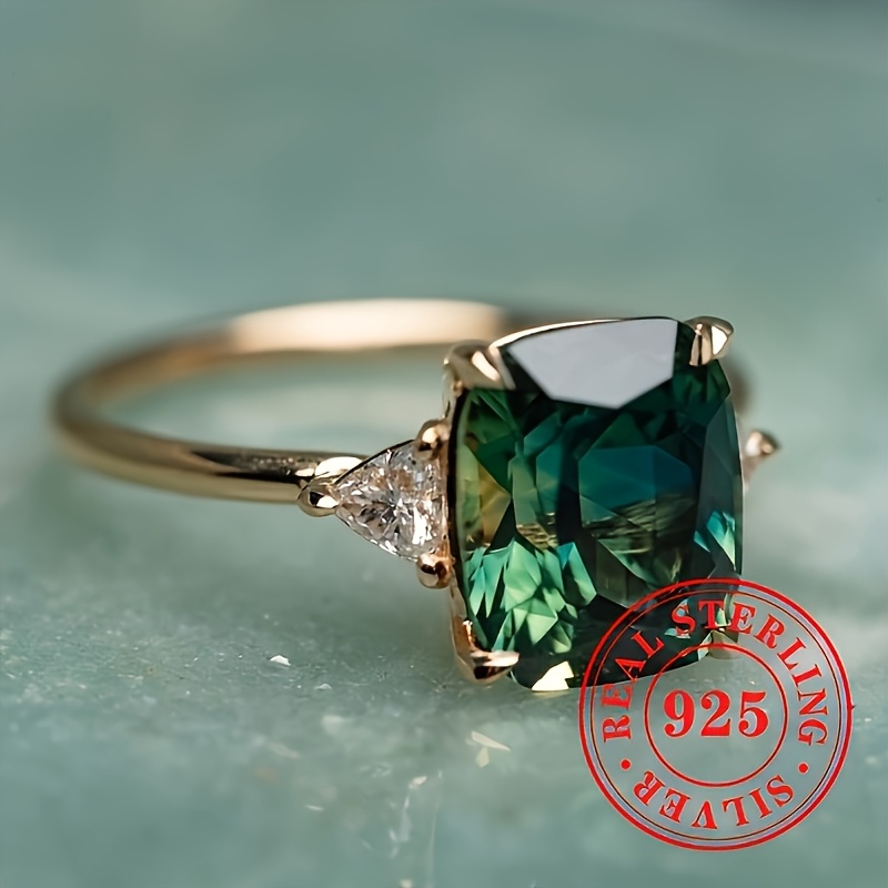 Vacation Style Anniversary Ring 925 Silver Green Zirconia Gemstone Square Cut